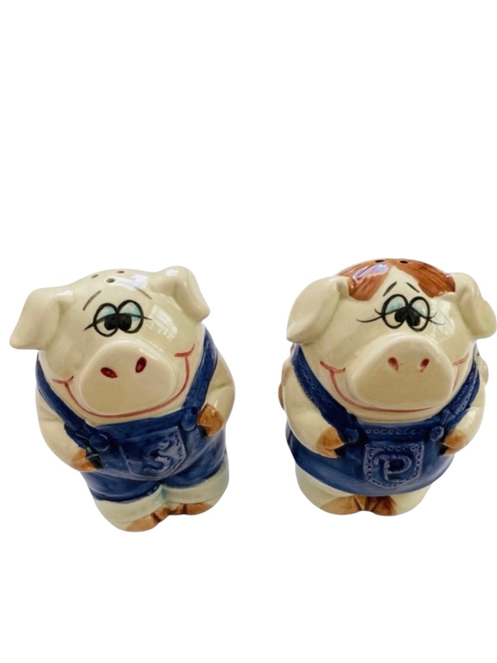 Enesco Vintage Country Pigs Salt & Pepper Shaker Pig County Fair 1980 Blue Cream